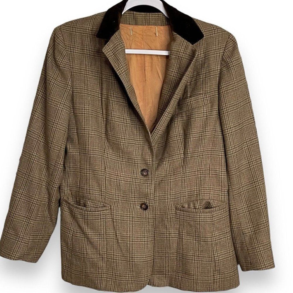 Union Made Blazer Jacket Women's 14 Brown Plaid Pockets VTG Lined Career Grunge